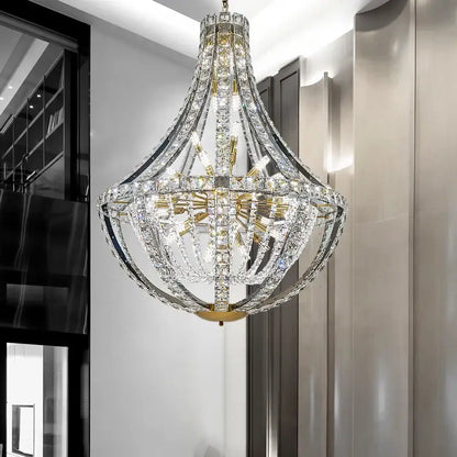 Decorbites crystal chandelier with gold-toned metal frame and teardrop faceted crystals for luxurious room decor