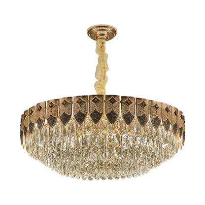 Luxurious gold-toned decorbites crystal chandelier with intricate geometric metalwork and cascading clear crystal droplets for modern luxury