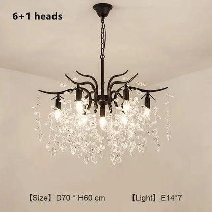 Black wrought iron DecorBites crystal chandelier with six illuminated e14 bulbs and cascading clear crystal droplets for living room