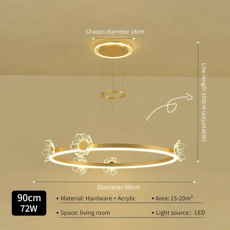 Gold-toned circular led crystal chandelier by decorbites with floral cutouts and adjustable hanging line for modern luxury lighting