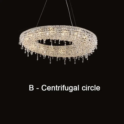 A decorbites crystal chandelier with cascading teardrop crystals and an illuminated ring for living and dining rooms