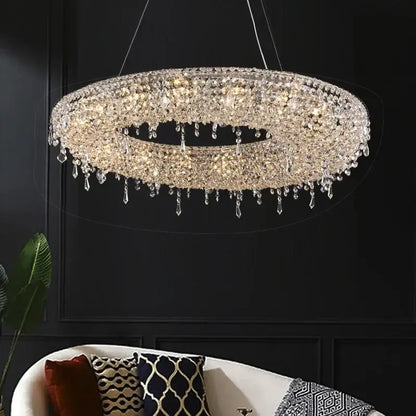 A decorbites crystal chandelier with clear faceted crystals cascading in elegant droplets for modern luxury lighting
