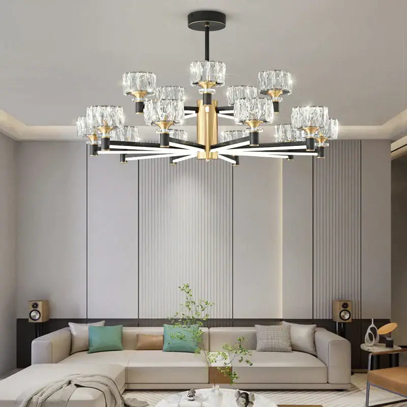 Modern luxury decorbites crystal chandelier with black and gold frame and crystal glass shades in starburst design