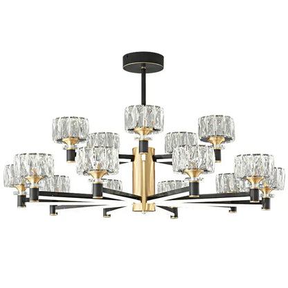 Modern luxury decorbites crystal chandelier with black and gold frame and clear faceted crystal shades in tiers