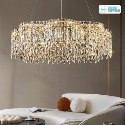 DecorBites crystal chandelier with cascading teardrop crystals and metallic frame for living room luxury lighting