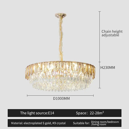 Gold electroplated decorbites crystal chandelier with cascading k9 crystal droplets and decorative chain for modern luxury lighting