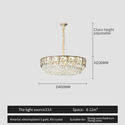 A decorbites crystal chandelier with cascading k9 crystal droplets and gold electroplated frame for modern luxury lighting