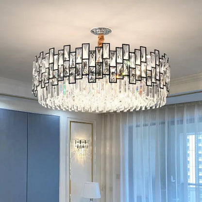 Decorbites crystal chandelier with black metal frame rectangular crystal prisms and cascading clear glass droplets