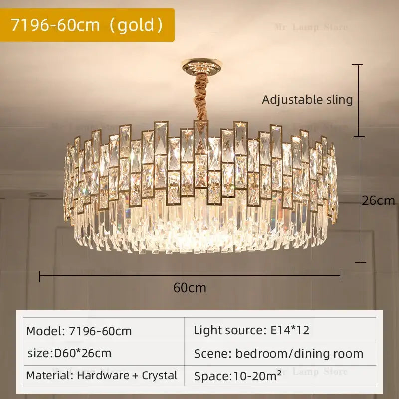 Gold-toned decorbites crystal chandelier with cascading crystal prisms and adjustable sling for modern luxury lighting
