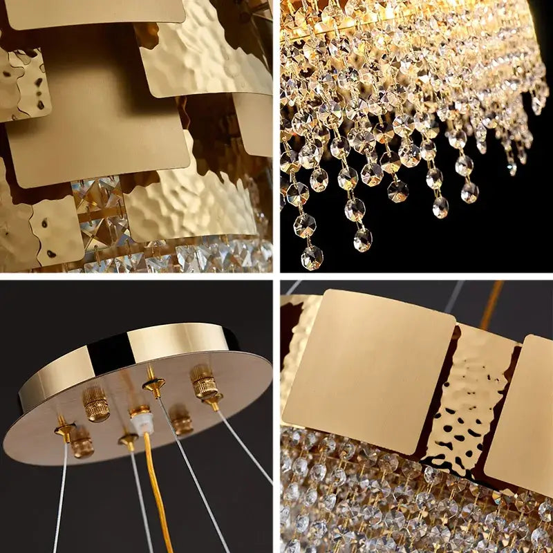 Gold-toned decorbites crystal chandelier with hammered metal plates and cascading crystal droplets for modern luxury lighting