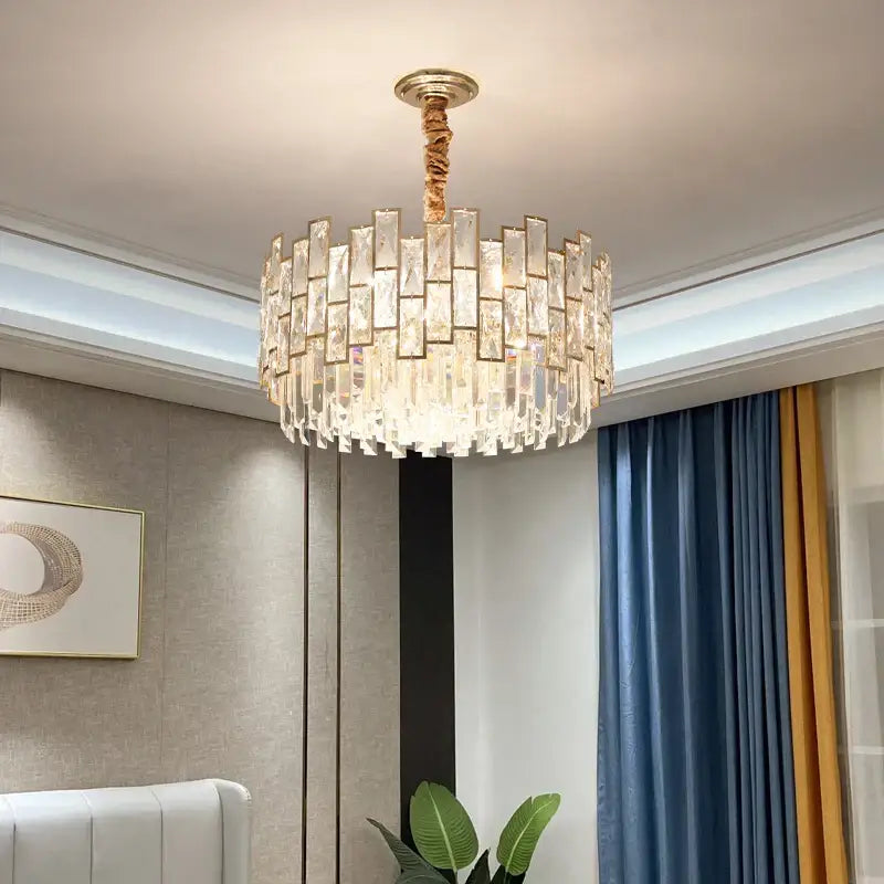 DecorBites crystal chandelier with gold ceiling mount and clear rectangular crystals for modern luxury lighting