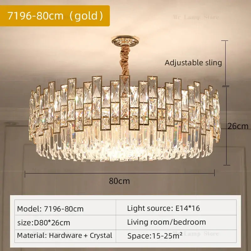 Gold-toned decorbites crystal chandelier with cascading crystal prisms for modern luxury lighting in living spaces