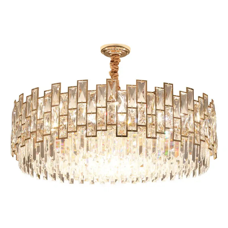 Decorbites crystal chandelier gold-toned with cascading crystal prisms and braided rope suspension for modern luxury lighting