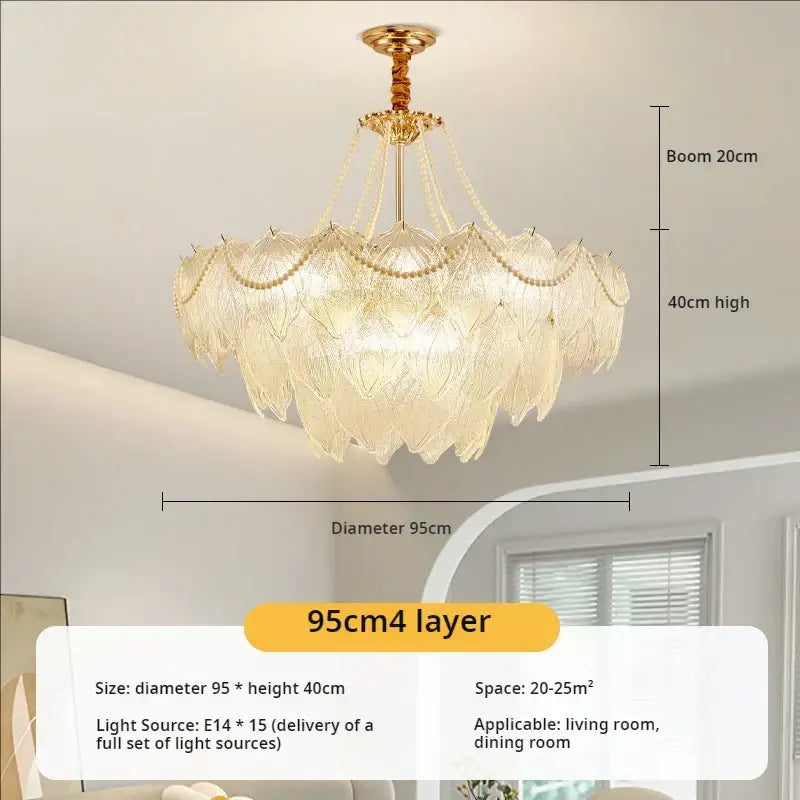 Elegant gold-toned DecorBites crystal chandelier with four layers of leaf-shaped glass shades and beaded chains for luxury lighting