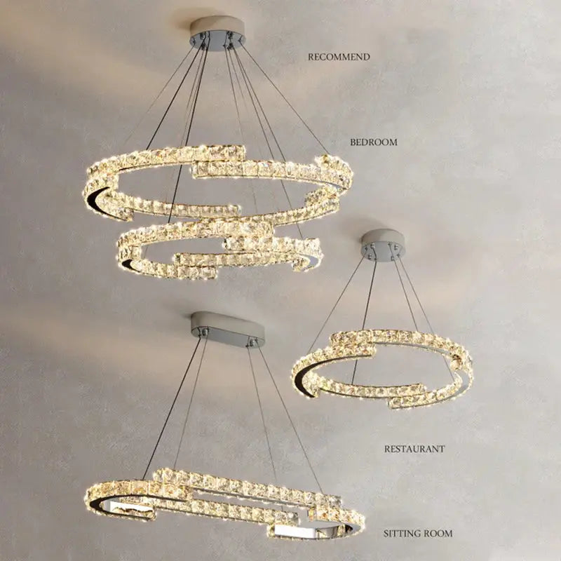 Modern chrome crystal chandelier with interlocking ring design for living room lamps in bedroom and dining room
