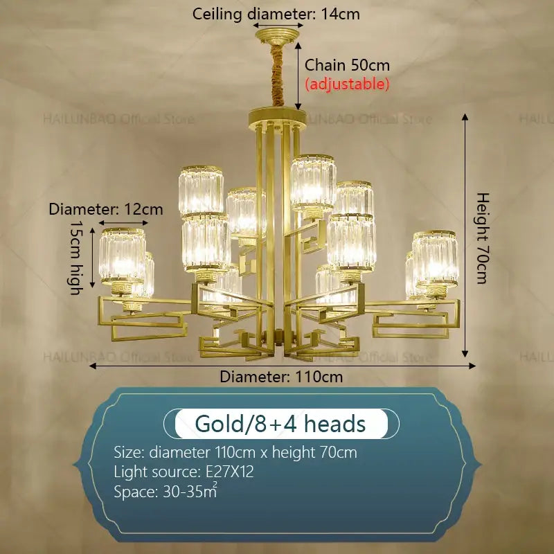 Gold-toned decorbites crystal chandelier with tiered geometric design featuring eight and four crystal-encased lights for livingroom