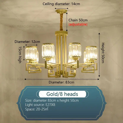 Gold-colored decorbites crystal chandelier with eight crystal glass shades and adjustable chain for modern luxury lighting