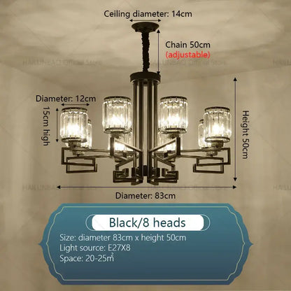 Black wrought iron DecorBites crystal chandelier with eight crystal glass shades for modern luxury lighting