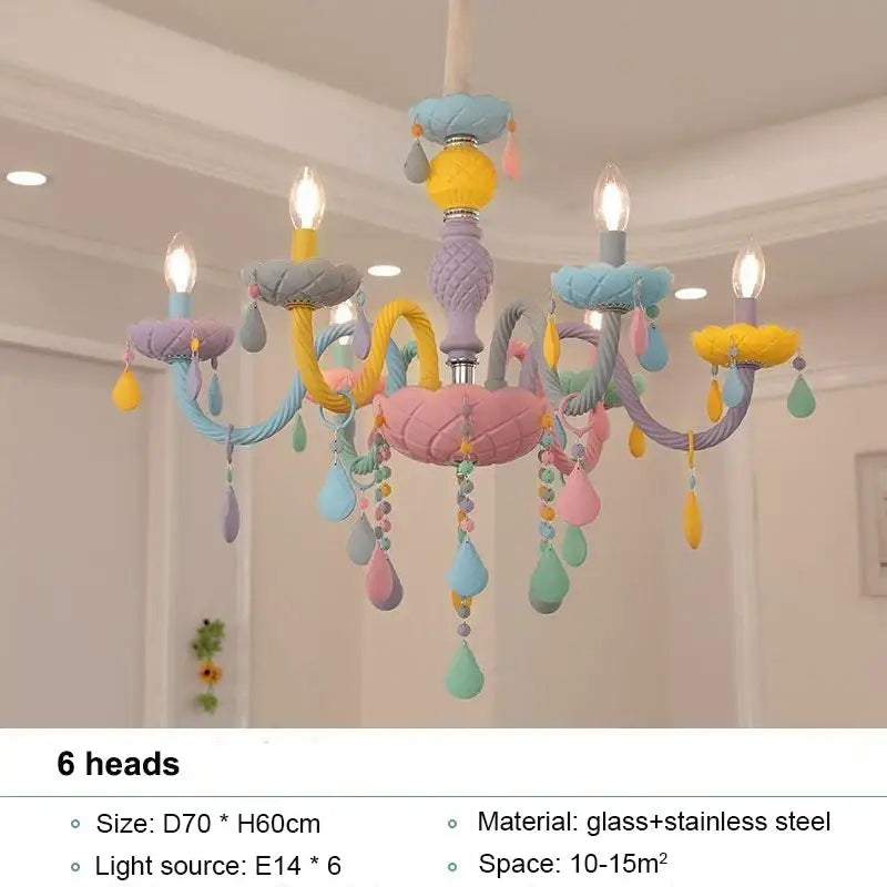 Pastel-colored decorbites crystal chandelier with six candle-style arms and teardrop glass ornaments for children room