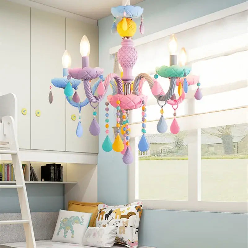 Pastel-colored decorbites crystal chandelier with quilted arms and macaron teardrop beads for children’s rooms