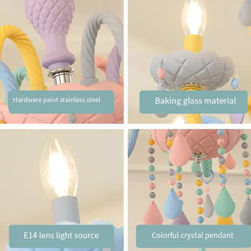 Decorbites crystal chandelier modern macaron with pastel quilted cloud top and rainbow teardrop crystal pendants