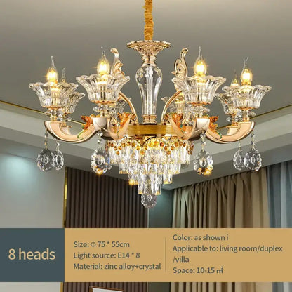 Gold-toned decorbites crystal chandelier pendant with eight crystal arms, zinc alloy and crystal for villa duplex and hotel lobby