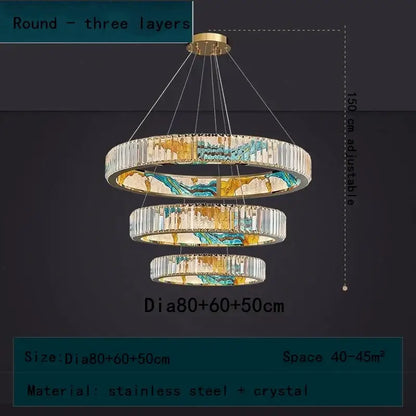 DecorBites crystal chandelier pendant lamp with gold stainless steel frame and swirling blue yellow marble design