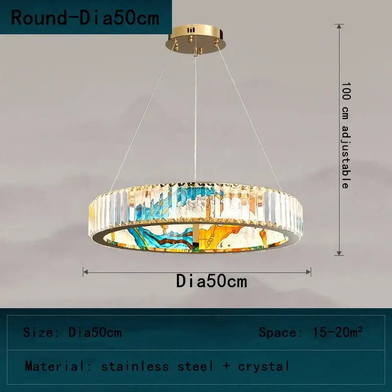 DecorBites crystal chandelier pendant lamp with gold stainless steel frame, vertical crystal facets, and colorful stained glass panels