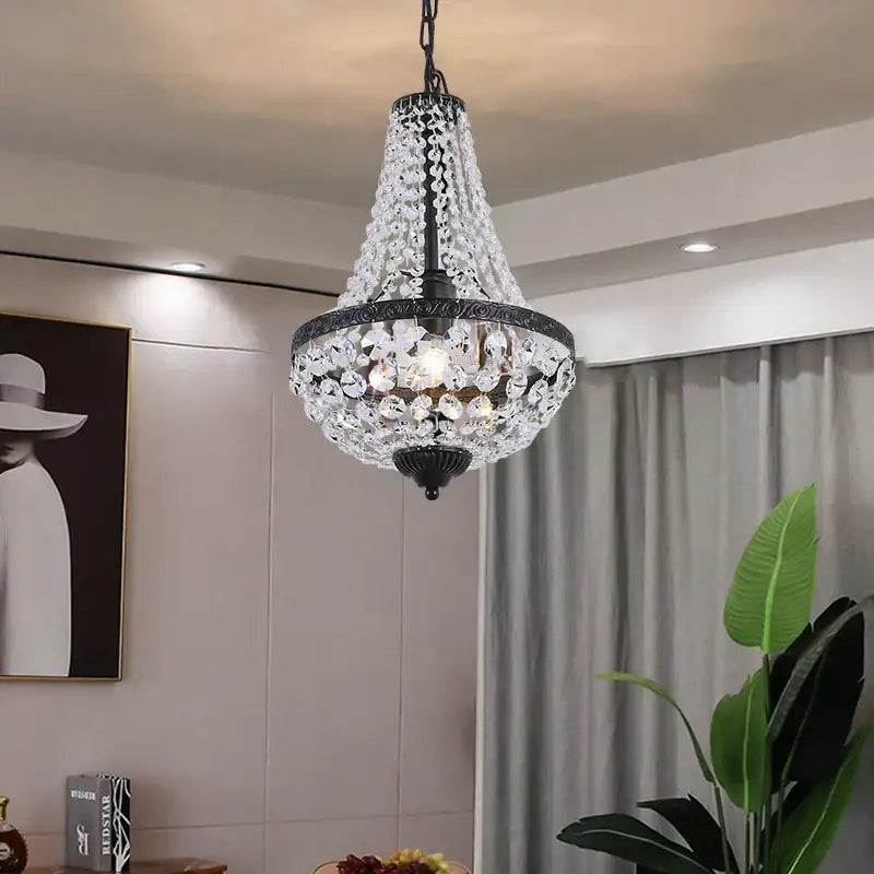 Black metal decorbites crystal chandelier pendant lamp with cascading clear crystal droplets for dining and living rooms