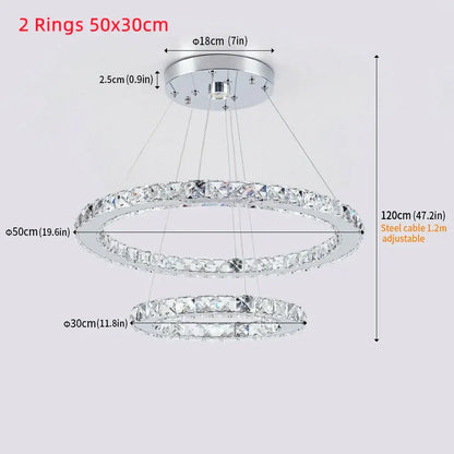 Modern decorbites crystal chandelier pendant lamp with chrome metal rings and clear crystal accents for dining room and bedroom