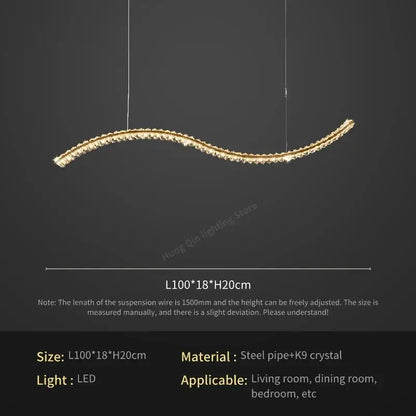 A sleek curved decorbites crystal chandelier pendant lamp with golden finish and embedded k9 crystals for living room