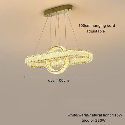 Gold-toned decorbites crystal chandelier pendant lamp with two interlocking crystal rings and adjustable 100cm cord