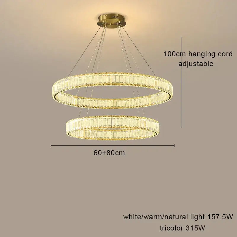 Gold-toned decorbites crystal chandelier pendant lamp with double crystal-encrusted rings and adjustable hanging cord