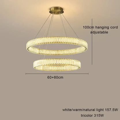Gold-toned decorbites crystal chandelier pendant lamp with double crystal-encrusted rings and adjustable hanging cord