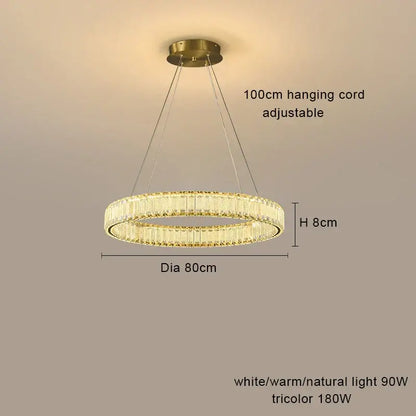 Gold-toned decorbites crystal chandelier pendant lamp with two concentric crystal rings and 100cm adjustable cord for modern living rooms