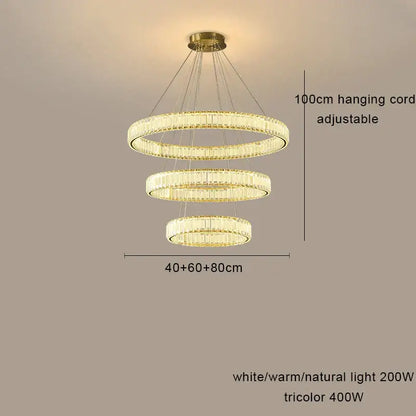 A modern decorbites crystal chandelier pendant lamp with cascading golden rings and clear crystals for living room lighting