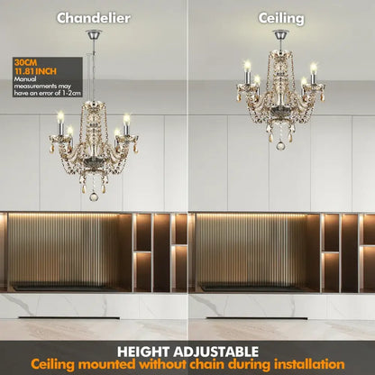 Decorbites crystal chandelier pendant light in cognac gold with silver ornate design and crystal droplets for luxury interiors