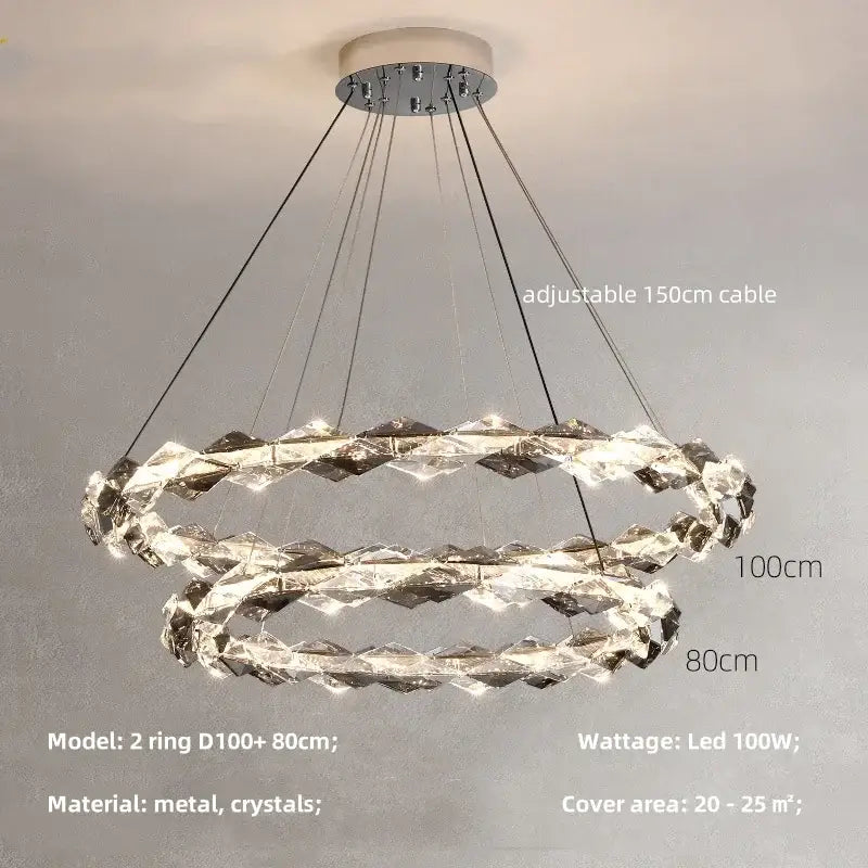 Modern double-ring decorbites crystal chandelier pendant light with clear faceted crystals and sleek chrome frame