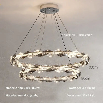 Modern double-ring decorbites crystal chandelier pendant light with clear faceted crystals and sleek chrome frame