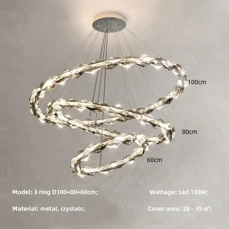DecorBites crystal chandelier pendant light with interlocking crystal rings and chrome finish for modern interiors