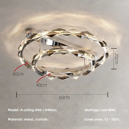 Decorbites crystal chandelier pendant light with two interlocking crystal rings and sleek chrome frame pendant light