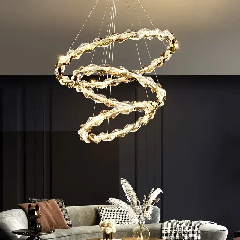 Golden crystal-encrusted DecorBites crystal chandelier pendant light with modern dimmable spiral design chrome luminaria