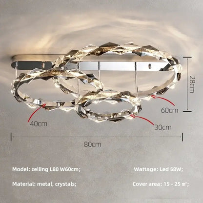Modern dimmable decorbites crystal chandelier pendant light with interlocking rings polished metal and clear crystals chrome