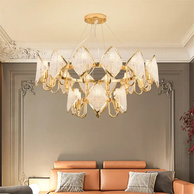Gold-toned decorbites crystal chandelier pendant light with diamond-shaped crystal pendants for modern living room decor