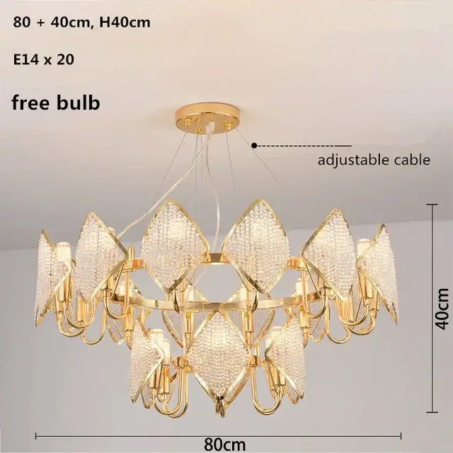 Gold-toned DecorBites crystal chandelier pendant light with diamond-shaped crystals and adjustable cable for living room decor