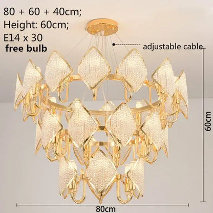 Gold-toned DecorBites crystal chandelier pendant light with diamond-shaped crystal pendants for elegant living room decor
