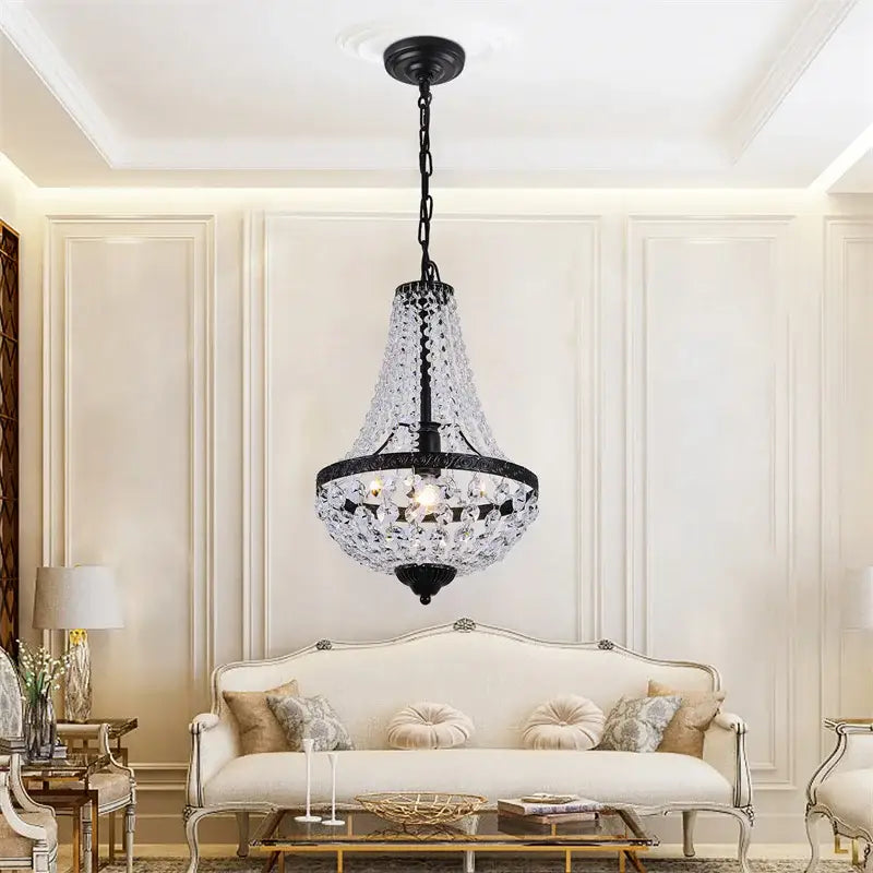 Black wrought iron decorbites crystal chandelier with cascading clear crystal droplets for dining and living room decor