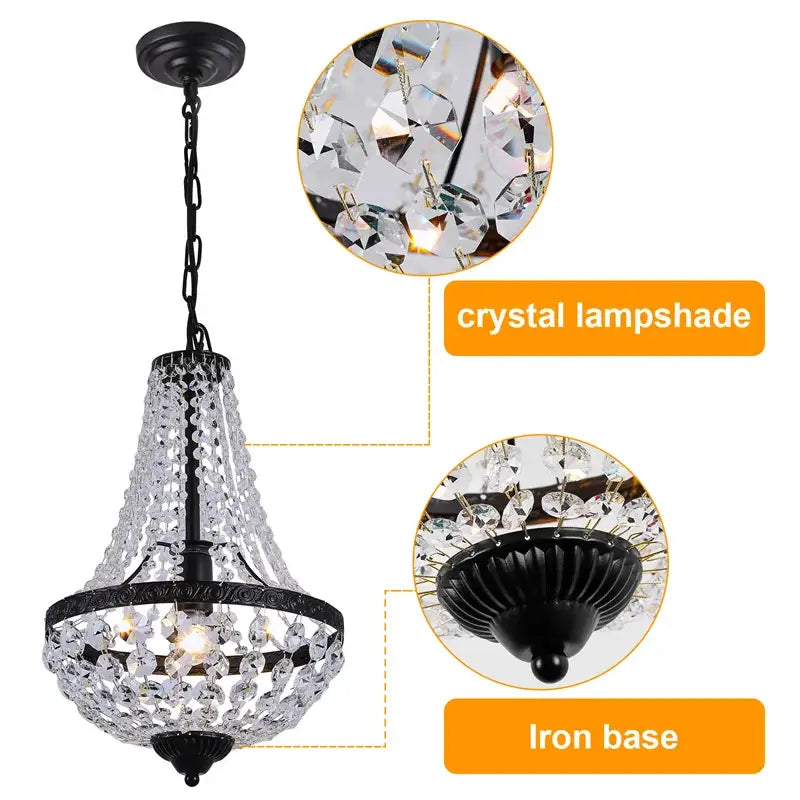Black iron decorbites crystal chandelier with crystal lampshade for exquisite dining and living room decor