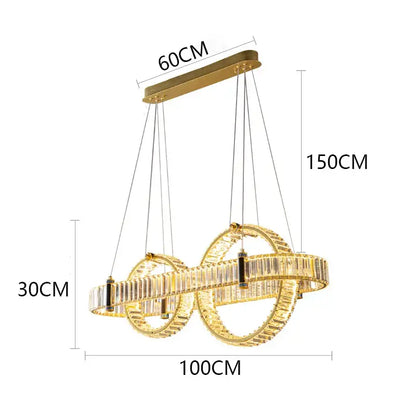 Gold-toned DecorBites crystal chandelier pendant light with interlocking rings and clear crystal accents for living room