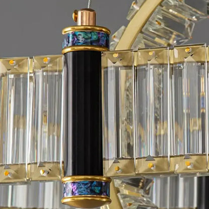 Black cylindrical decorbites crystal chandelier pendant light with gold accents and iridescent blue-green inlay for living room